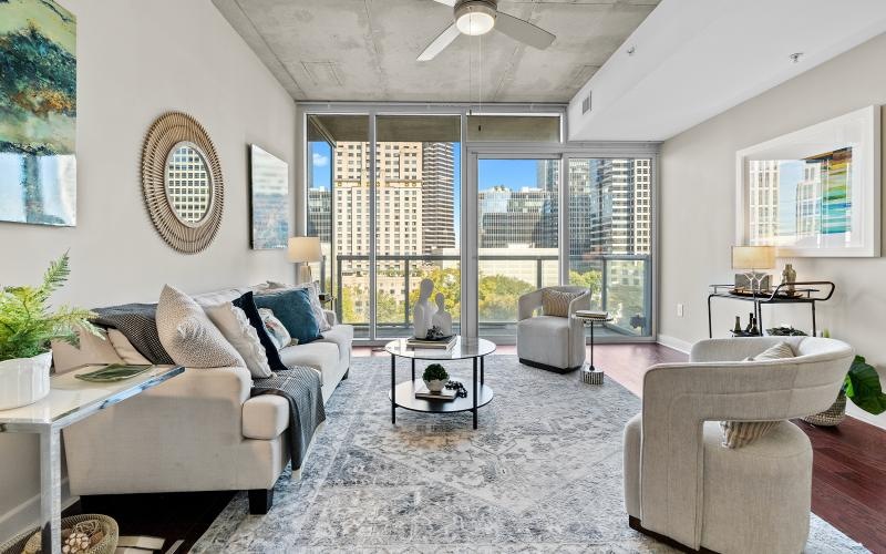 a living room with a large window
